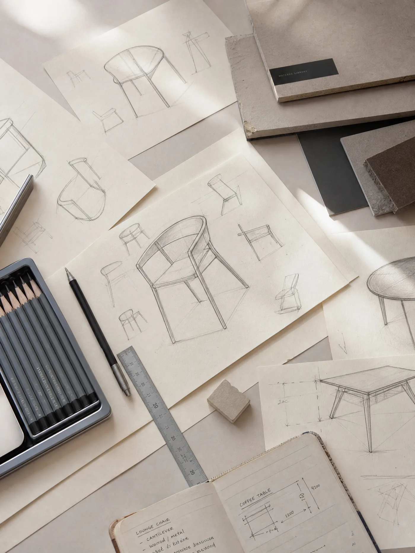 Concept sketches on a designer’s desk