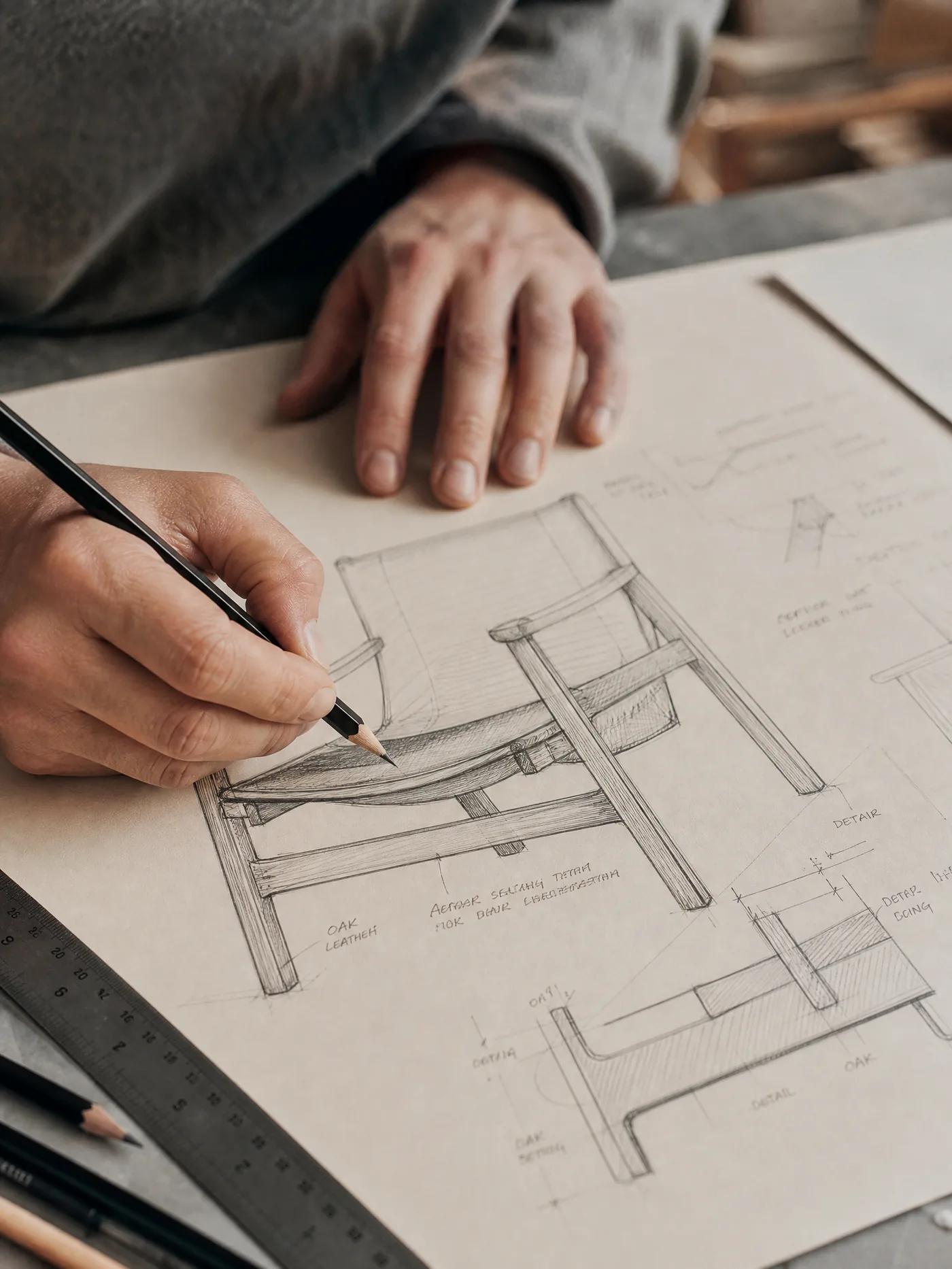 Close-up of a designer sketching a new furniture concept