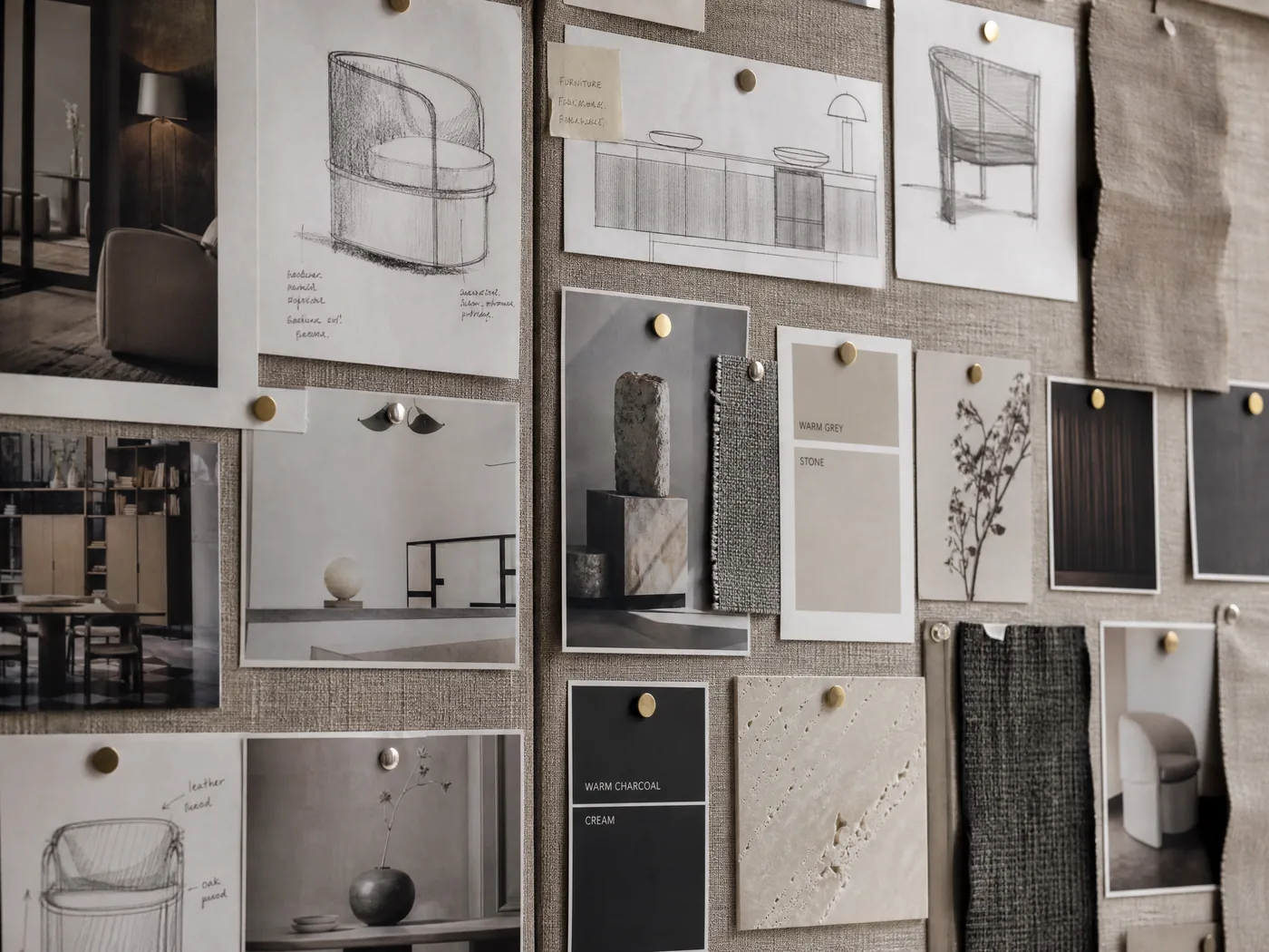 Studio mood board of furniture concepts, colour palettes and material references