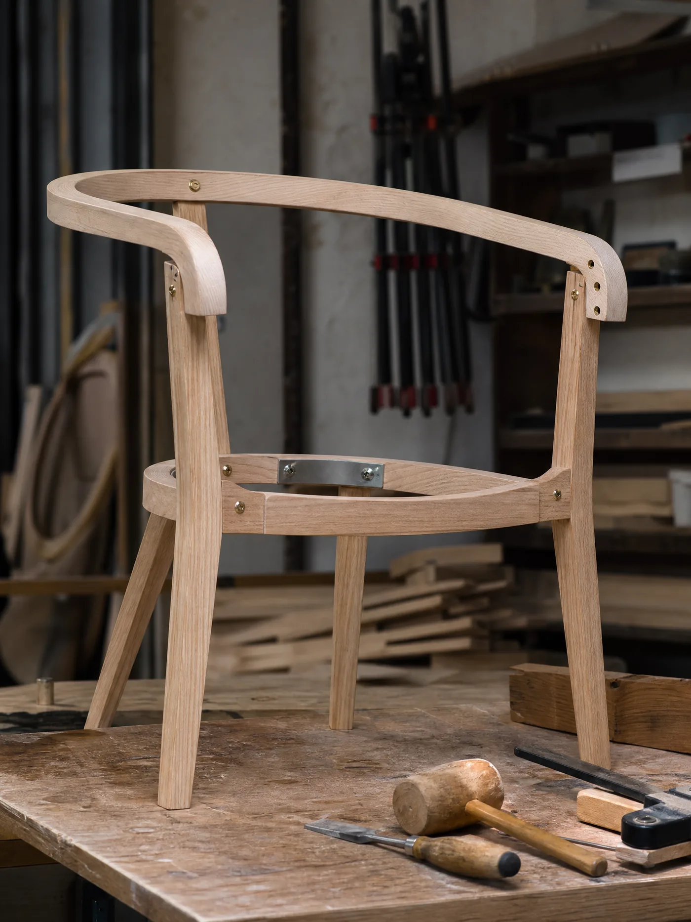 A chair frame prototype on the workshop bench