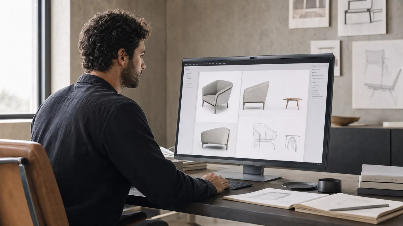 A designer reviewing furniture concept renders in the studio